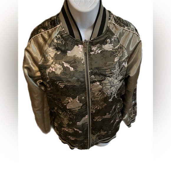 Members Only Bomber Jacket Green Peach Satin Reversible Full Zip - Picture 11 of 14